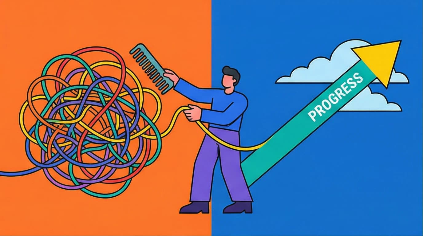 Illustration of the Ray Dalio 5 step process, showing a person turning a chaotic problem into a clear arrow for achieving goals.