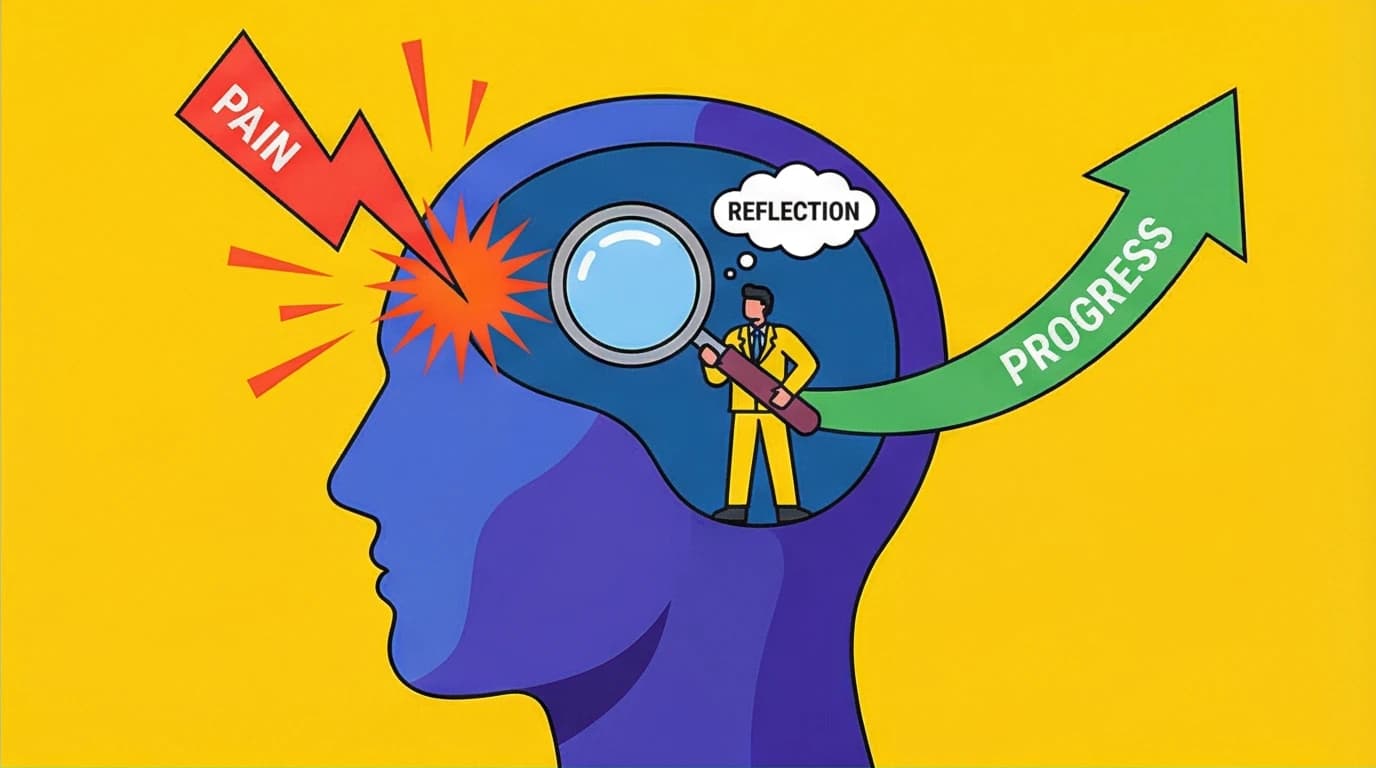 Graphic explaining Ray Dalio's principle of 'Pain plus Reflection equals Progress' to turn failures into actionable learning and achieve goals.