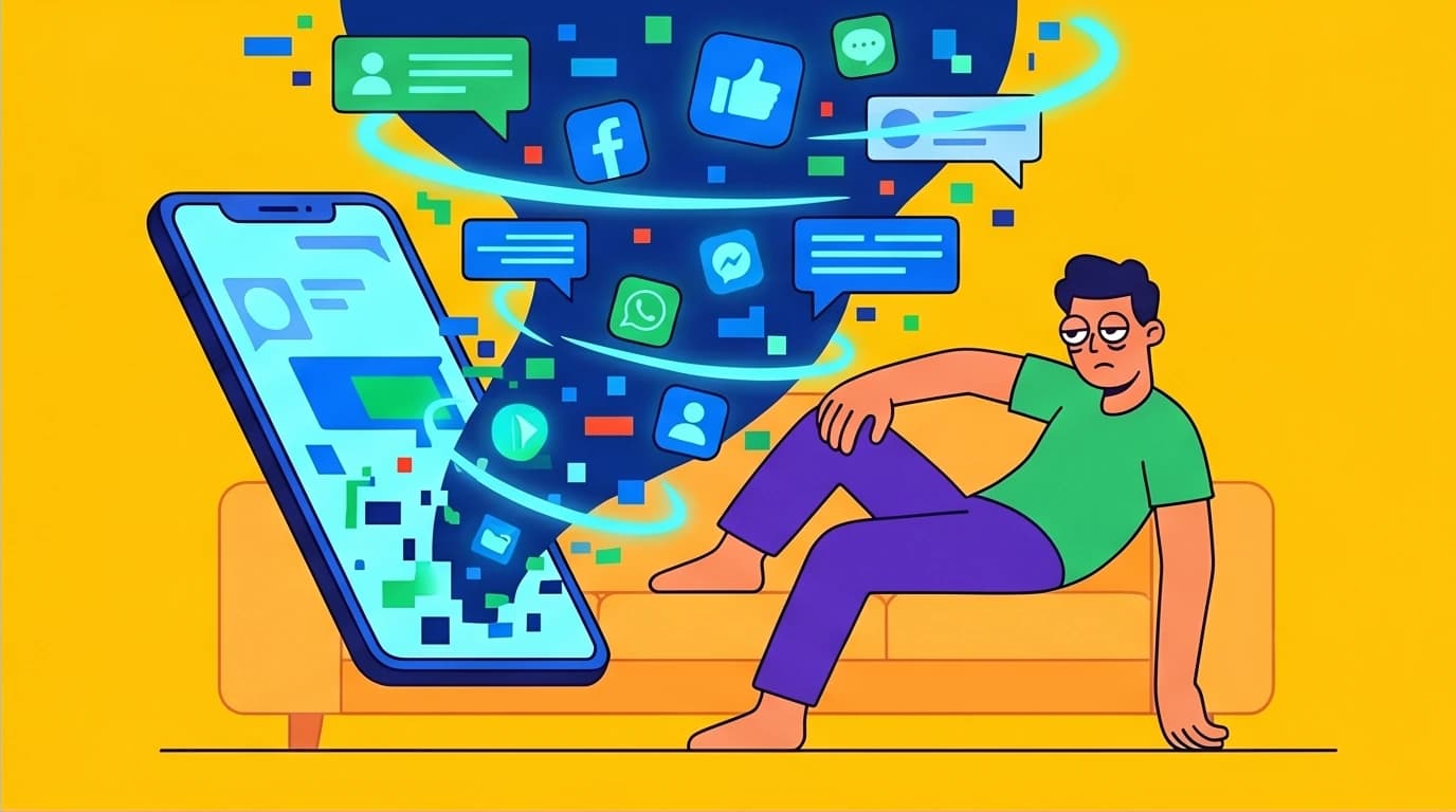 A character is drained by a smartphone, illustrating how 'fake rest' on social media fails to recharge an introvert and worsens social fatigue.