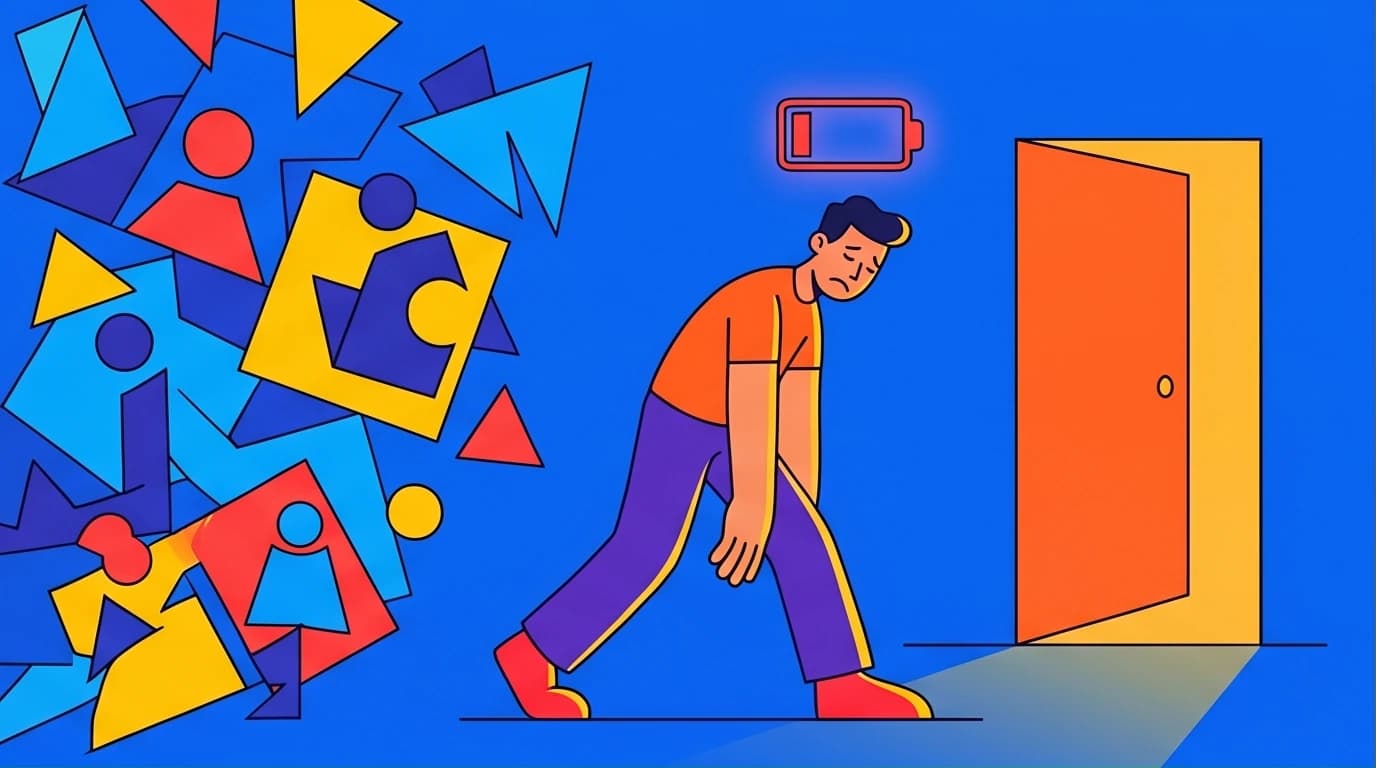 An illustration of an introvert with a low social battery escaping chaos to recharge, symbolizing a solution for social fatigue for MBTI I-types.
