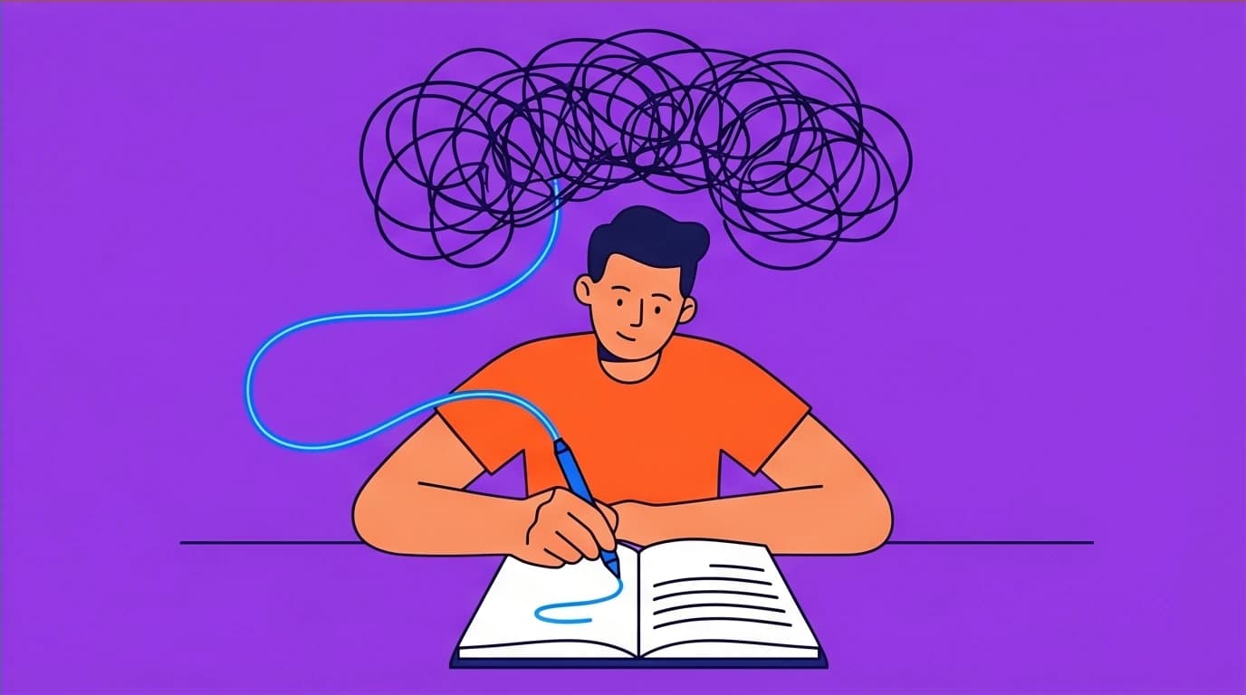 An introvert turning chaotic thoughts into organized lines through writing, showcasing the unique introvert advantage of processing ideas in solitude.