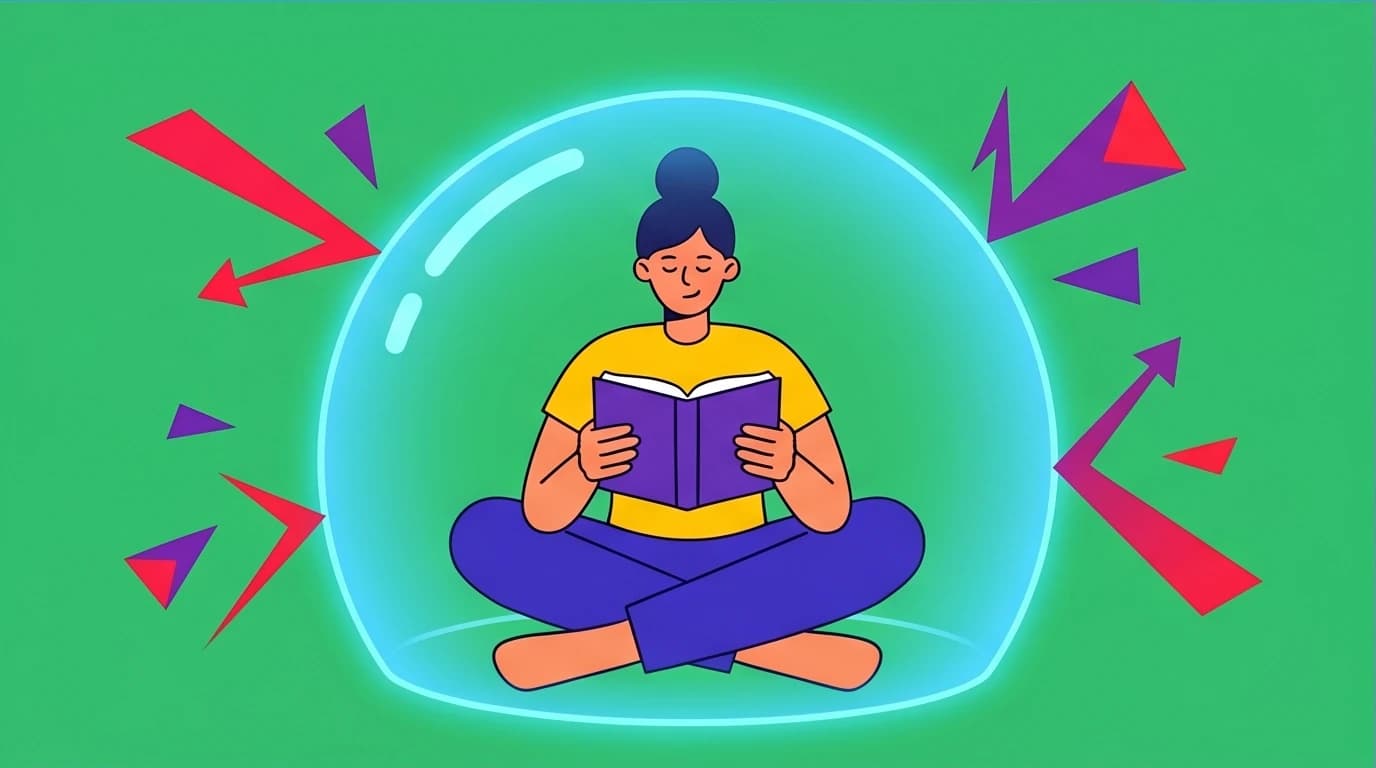An introvert recharges inside a protective bubble by reading, a visual guide to high-quality solitude to escape social fatigue and external noise.