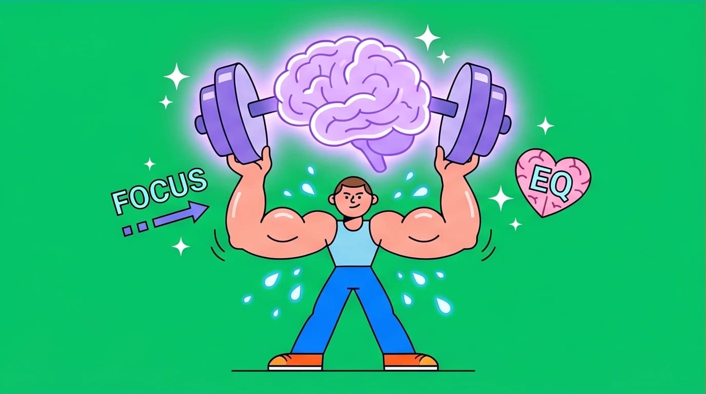 Illustration of a person doing 'weight training for the brain,' lifting a brain icon to build focus and EQ, a key benefit of mindfulness for professionals.