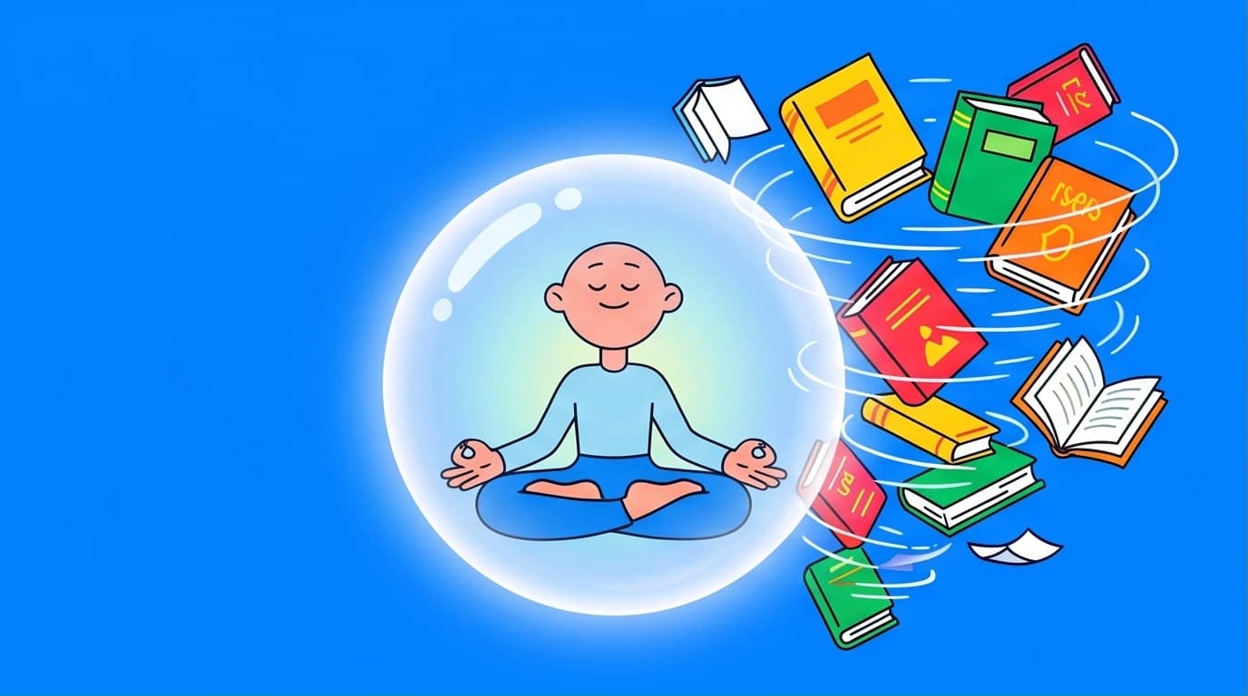 An illustration of a person finding calm amid a storm of mindfulness books, representing the challenge of choosing a guide for stress relief and anxiety.