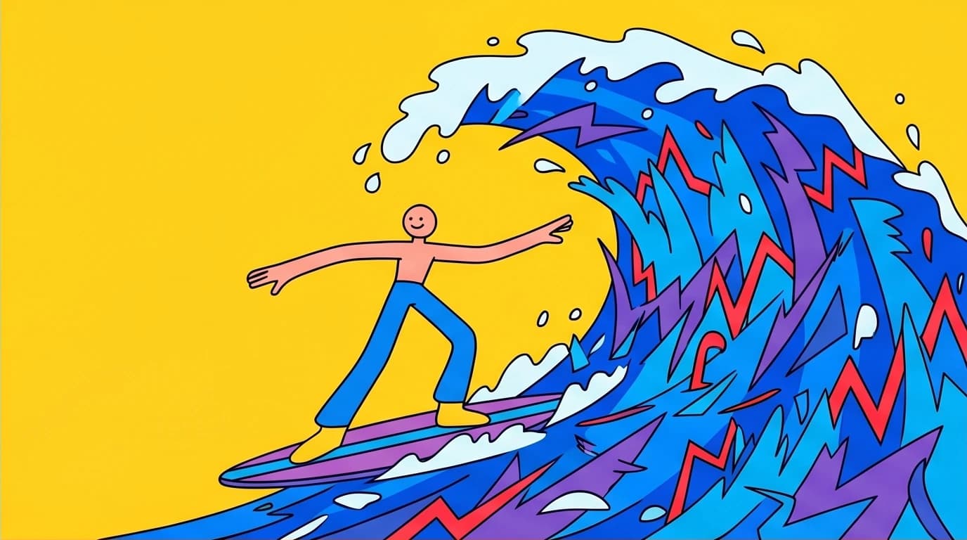A character surfing a giant wave of stress, illustrating the core concept from Jon Kabat-Zinn's mindfulness books: managing rather than fighting anxiety.