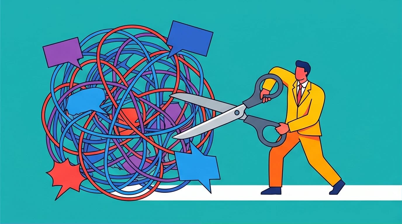 A person cutting through a tangled mess of communication lines, an illustration for a guide on interpersonal relationship psychology books.