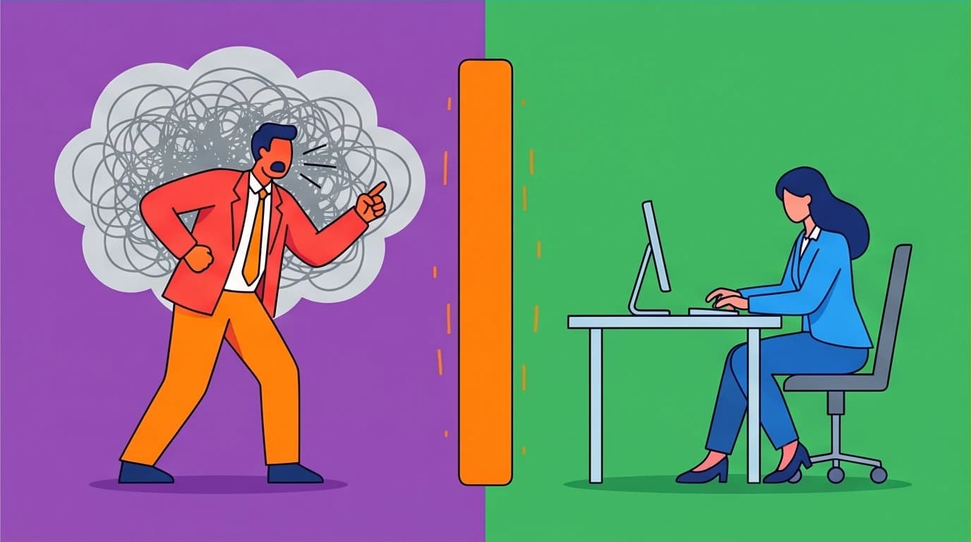 An office worker using 'separation of tasks' from workplace psychology to maintain focus and shield from a manager's emotional stress.