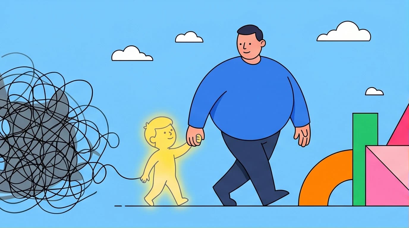 An illustration of an adult guiding their inner child, representing Dr. Nicole LePera's framework for reparenting yourself and inner child healing.