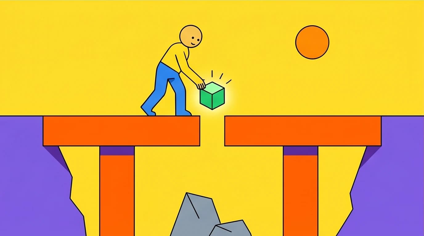 A person rebuilding self-trust by making small promises, shown by building a large bridge one block at a time, a core reparenting exercise.