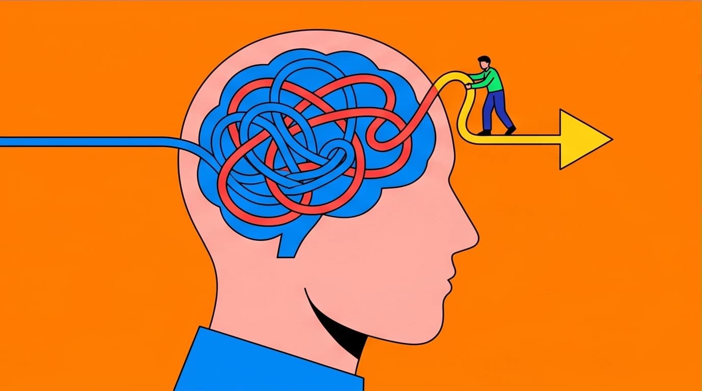 A person untangles chaotic thoughts, representing the cognitive restructuring method for overcoming career setbacks and building personal resilience.