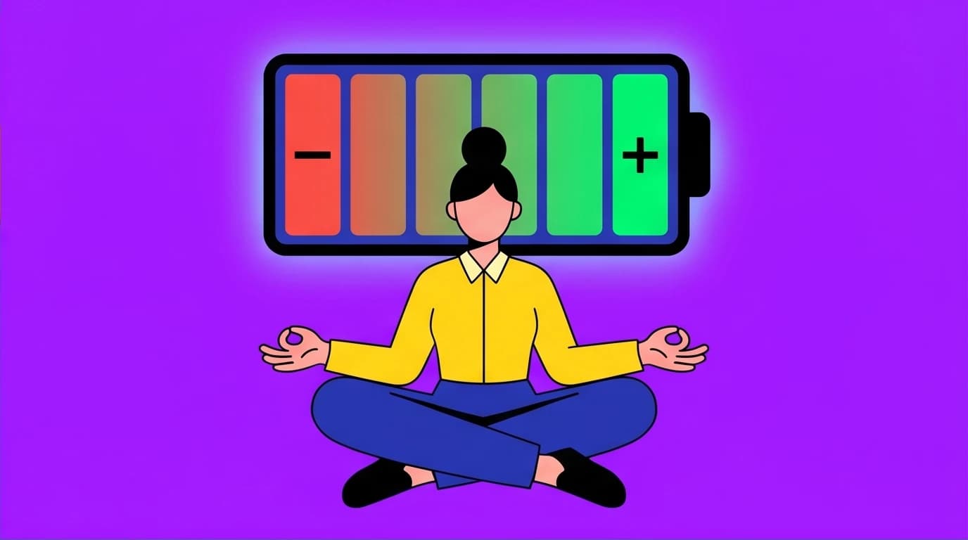 An illustration of a professional recharging their mental battery, symbolizing the importance of emotional resilience at work through strategic recovery.