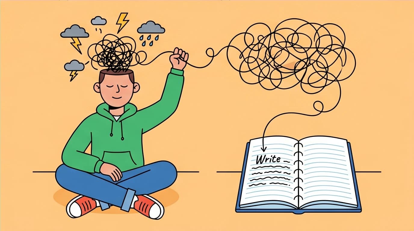 A person externalizing chaotic thoughts by writing them down, a key step in a low-energy guide to life restart and managing burnout.