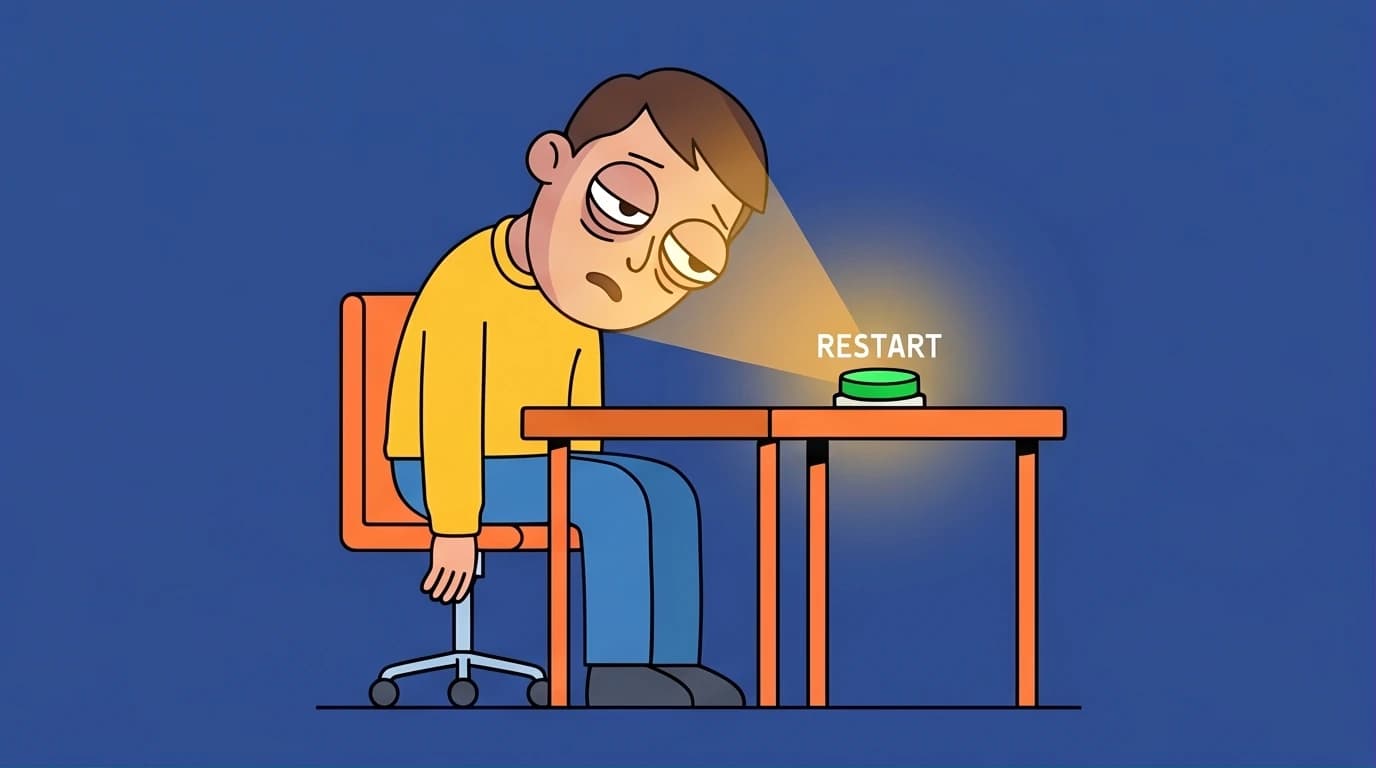 An illustration of an exhausted person at a desk about to press a glowing button for a life restart, symbolizing the courage to overcome career burnout.