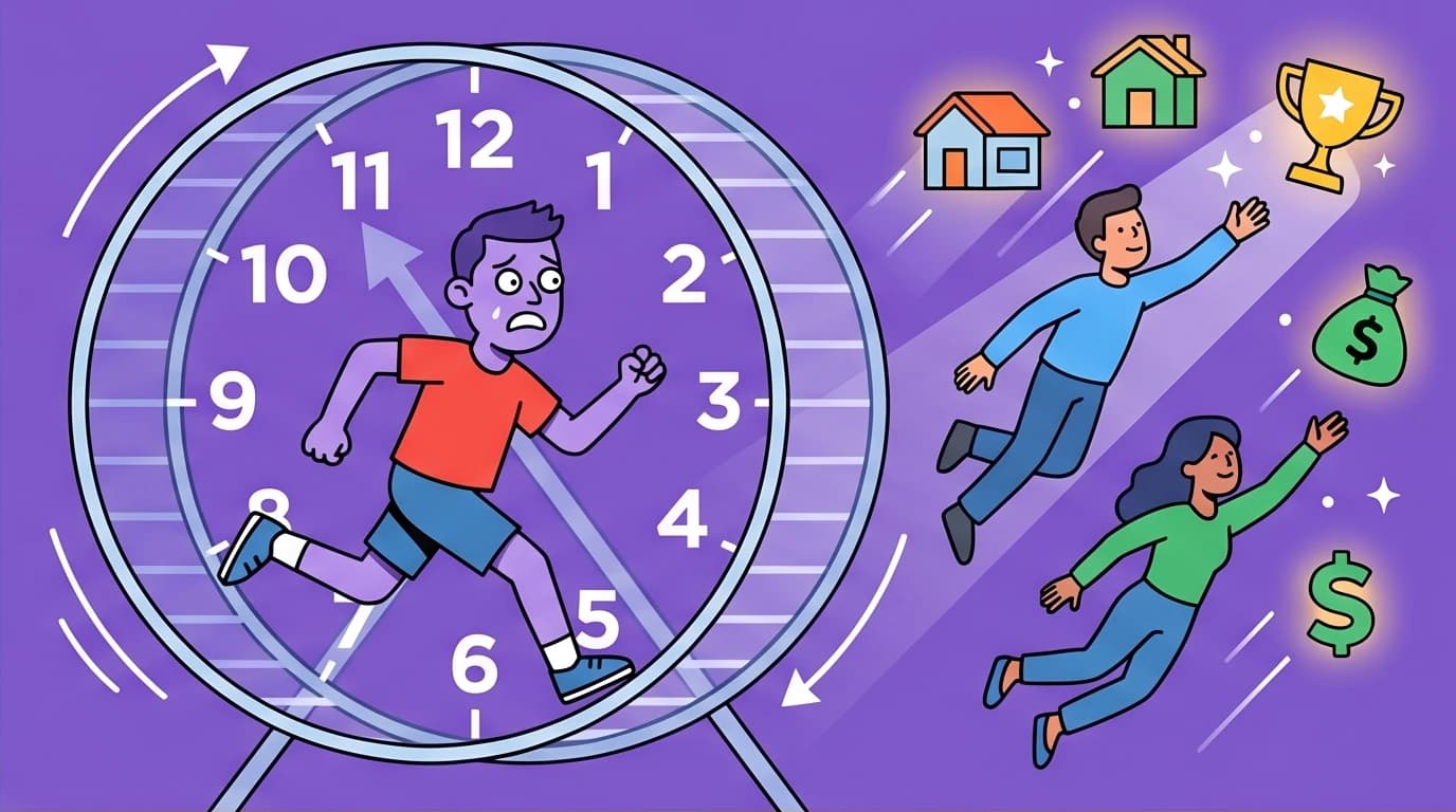 A character trapped in a giant clock hamster wheel, illustrating the concept of social clock pressure and the anxiety of comparison when you feel stuck.