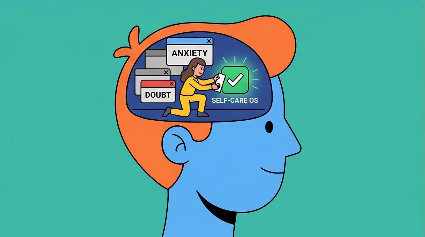 Metaphorical image of a person's head as a computer system getting an update, representing a mental health restart by clearing anxiety and installing self-care.