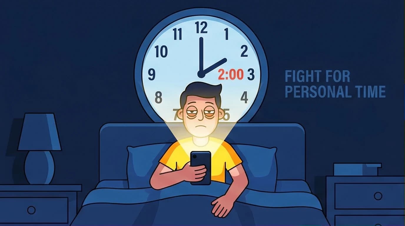 An illustration of a tired person engaged in revenge bedtime procrastination, scrolling on their smartphone late at night instead of sleeping.