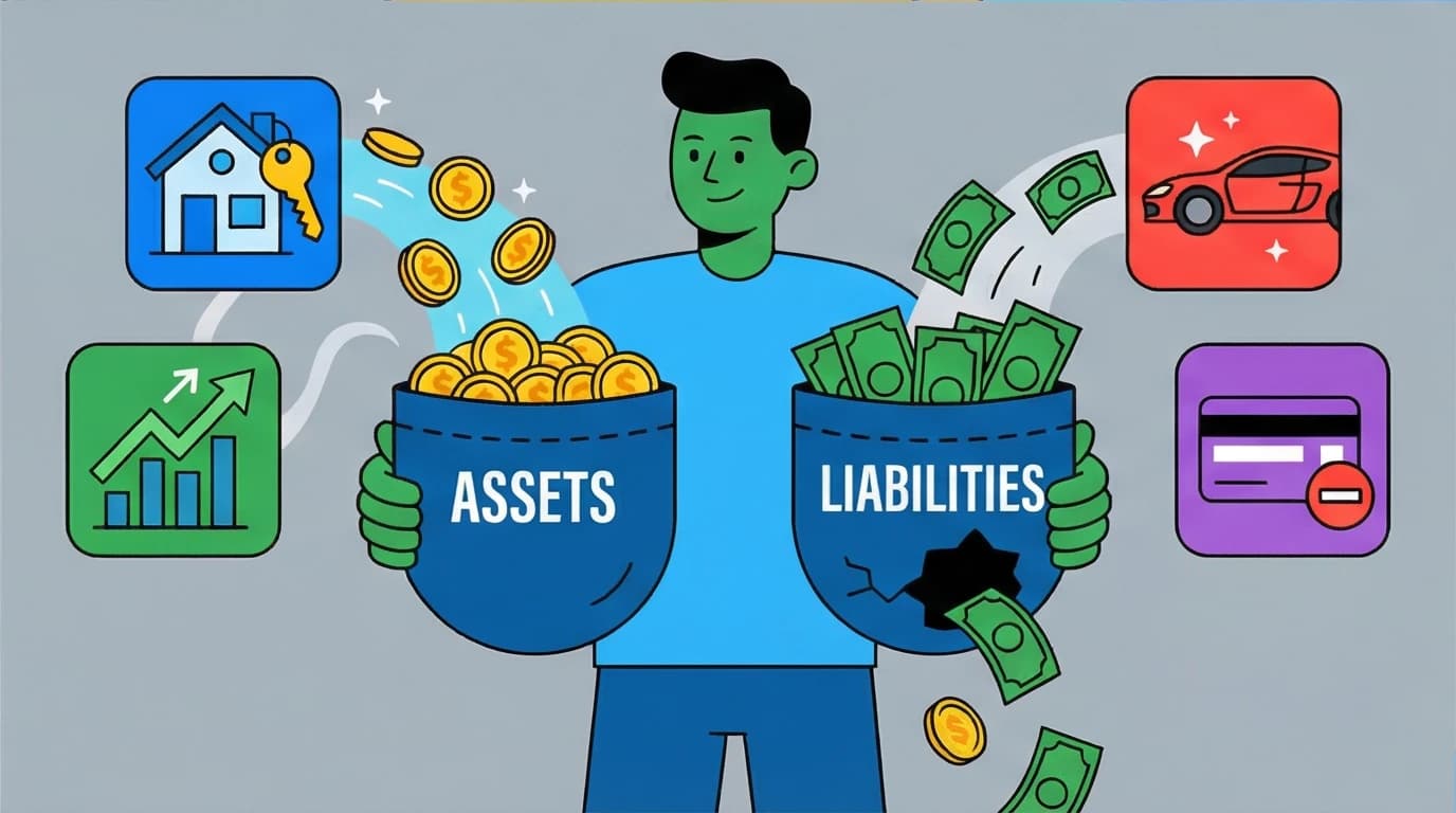 An illustration defining assets vs. liabilities, showing money flowing into a pocket from assets and out from liabilities, based on Rich Dad Poor Dad.