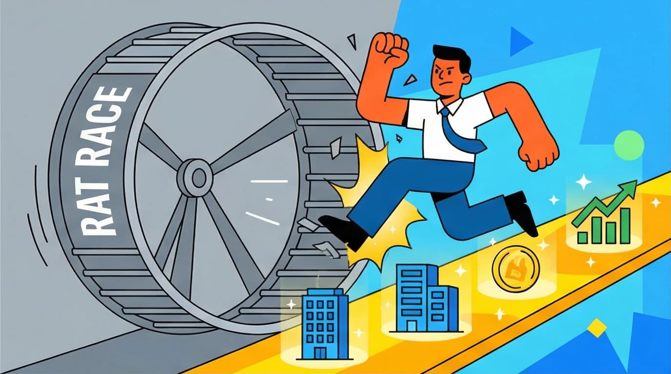 Illustration of a person breaking free from the Rat Race, symbolizing the wealth mindset shift from Robert Kiyosaki's Rich Dad Poor Dad.