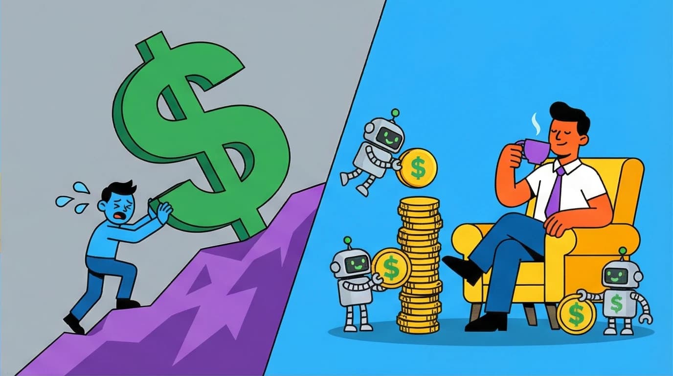 A visual comparison of working for money versus having money work for you, a core concept from the Rich Dad Poor Dad quotes on financial freedom.