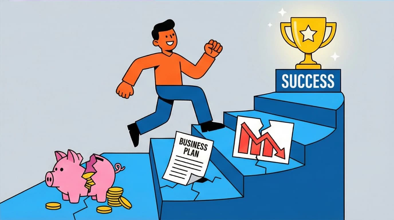 A character using failure as stepping stones to success, illustrating a key Robert Kiyosaki quote on overcoming fear and taking action for wealth.