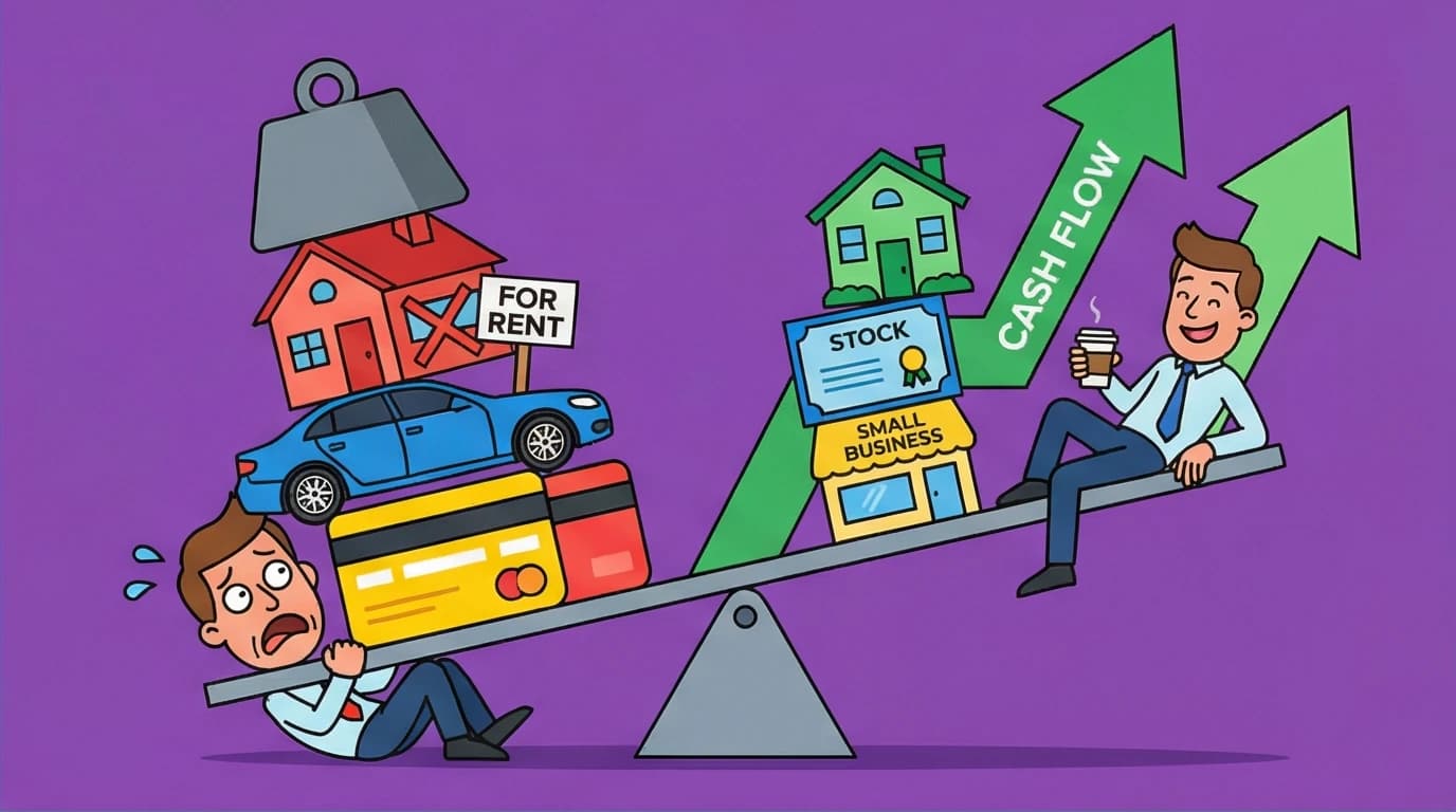 A visual metaphor from Rich Dad Poor Dad showing assets lifting a person up with positive cash flow versus liabilities like a mortgage weighing another person down.
