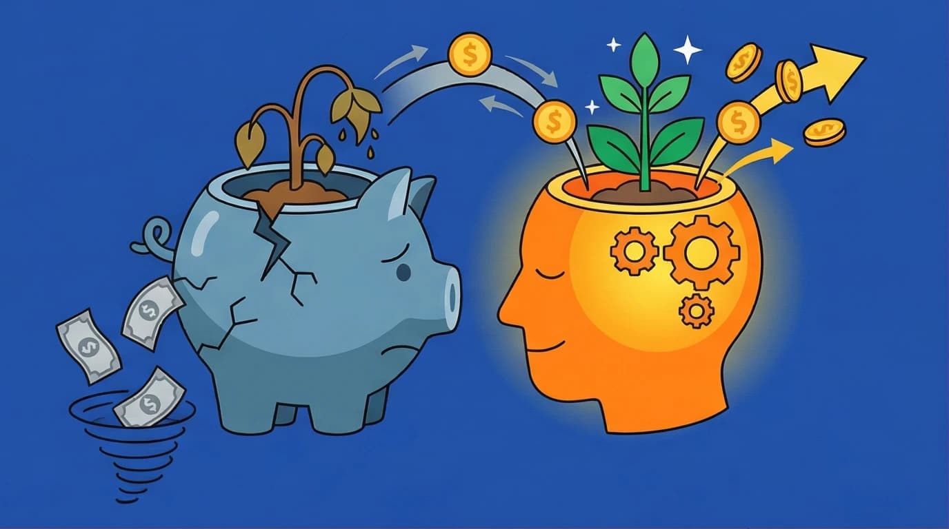 An illustration of the Rich Dad Poor Dad mindsets, one showing a brain with growing assets and cash flow, the other with draining liabilities, highlighting the key to financial independence.
