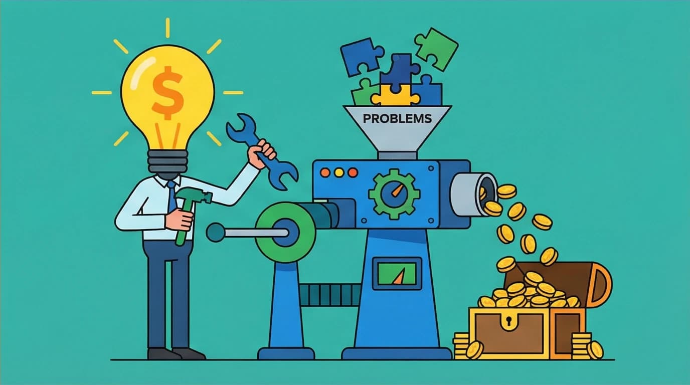 A character with a lightbulb head building a machine that turns problems into money, illustrating the Rich Dad Poor Dad lesson on how the rich invent money through financial literacy.