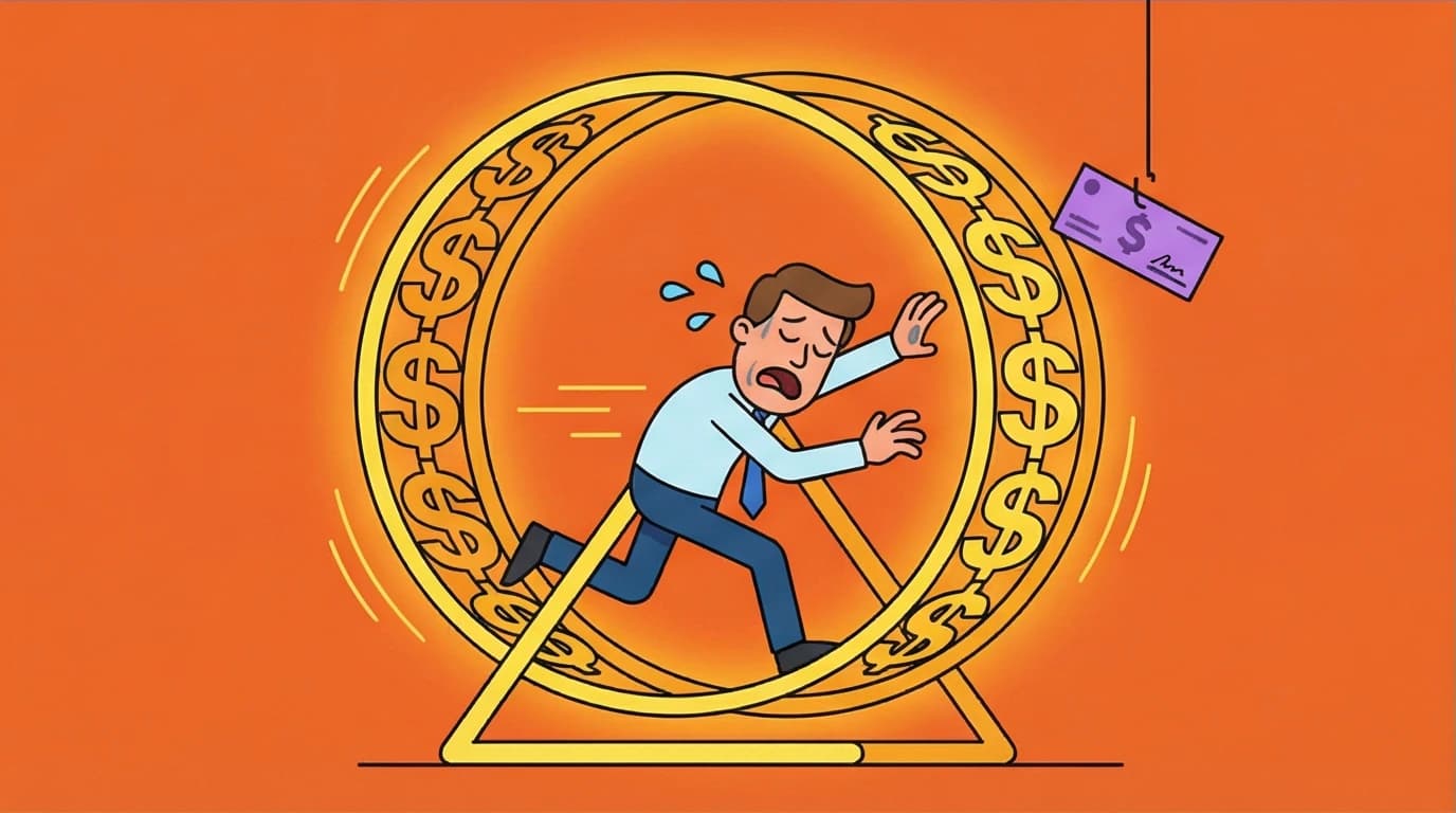 An illustration of the 'Rat Race' concept from Rich Dad Poor Dad, with a character endlessly running in a hamster wheel made of dollar signs, chasing a paycheck.