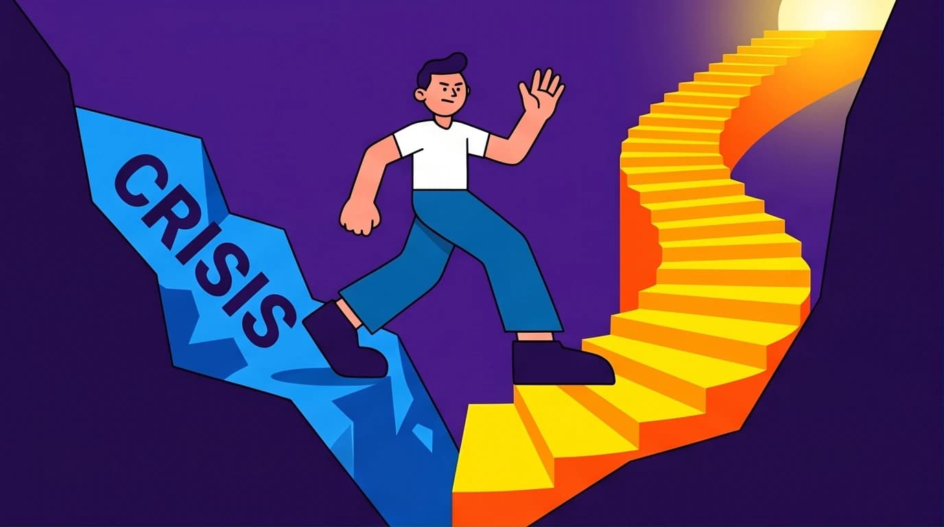 Illustration of turning a crisis into an opportunity, symbolizing the science of bouncing back from rock bottom with psychological resilience and a growth mindset.