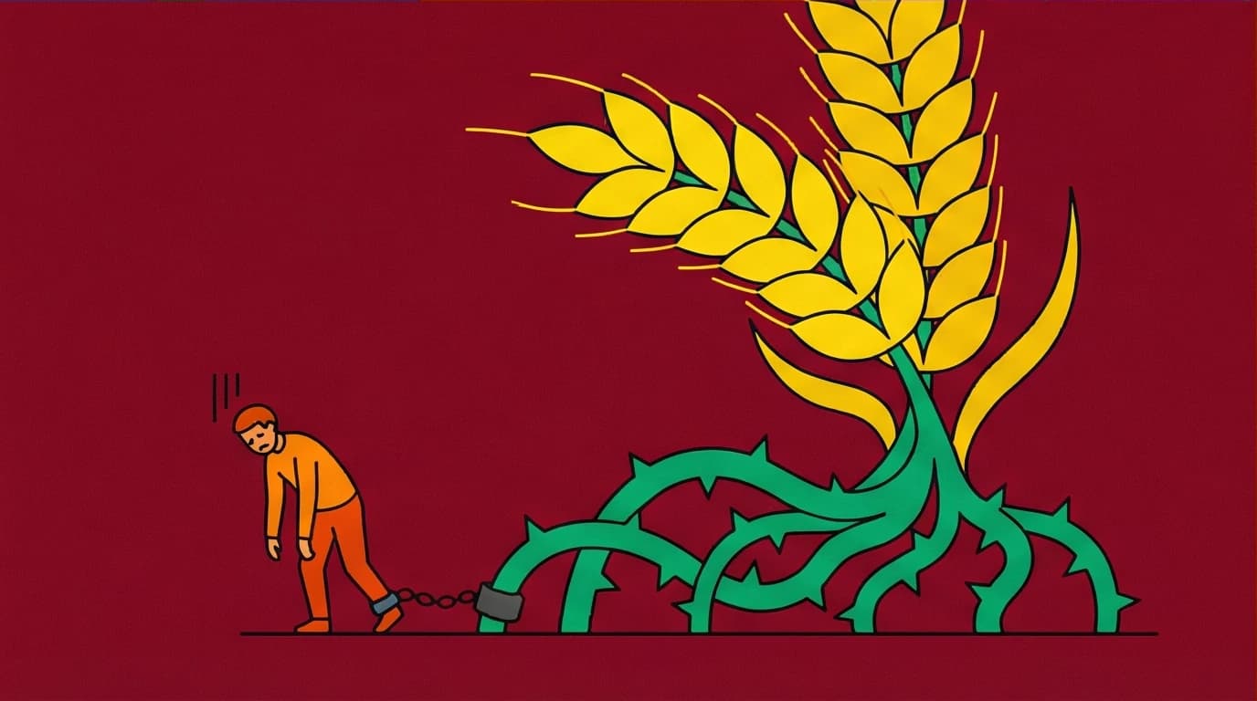 An illustration of the Sapiens book argument that the Agricultural Revolution was a fraud, with a giant wheat stalk domesticating a small human.