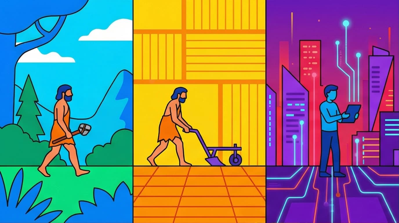 An illustration summarizing Yuval Noah Harari's Sapiens book, showing human evolution through the Cognitive, Agricultural, and Scientific Revolutions.