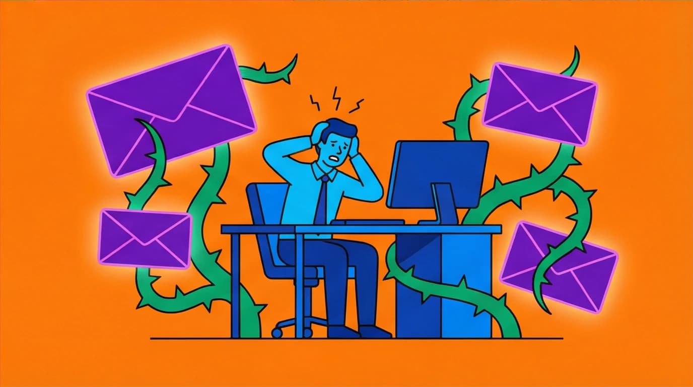A modern office worker trapped by a giant email icon, illustrating the 'luxury trap' concept from Yuval Noah Harari's Sapiens book summary.
