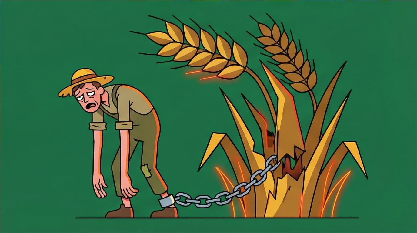 A farmer chained to a giant wheat stalk, illustrating Harari's concept of the Sapiens agricultural revolution trap where crops domesticated humans.