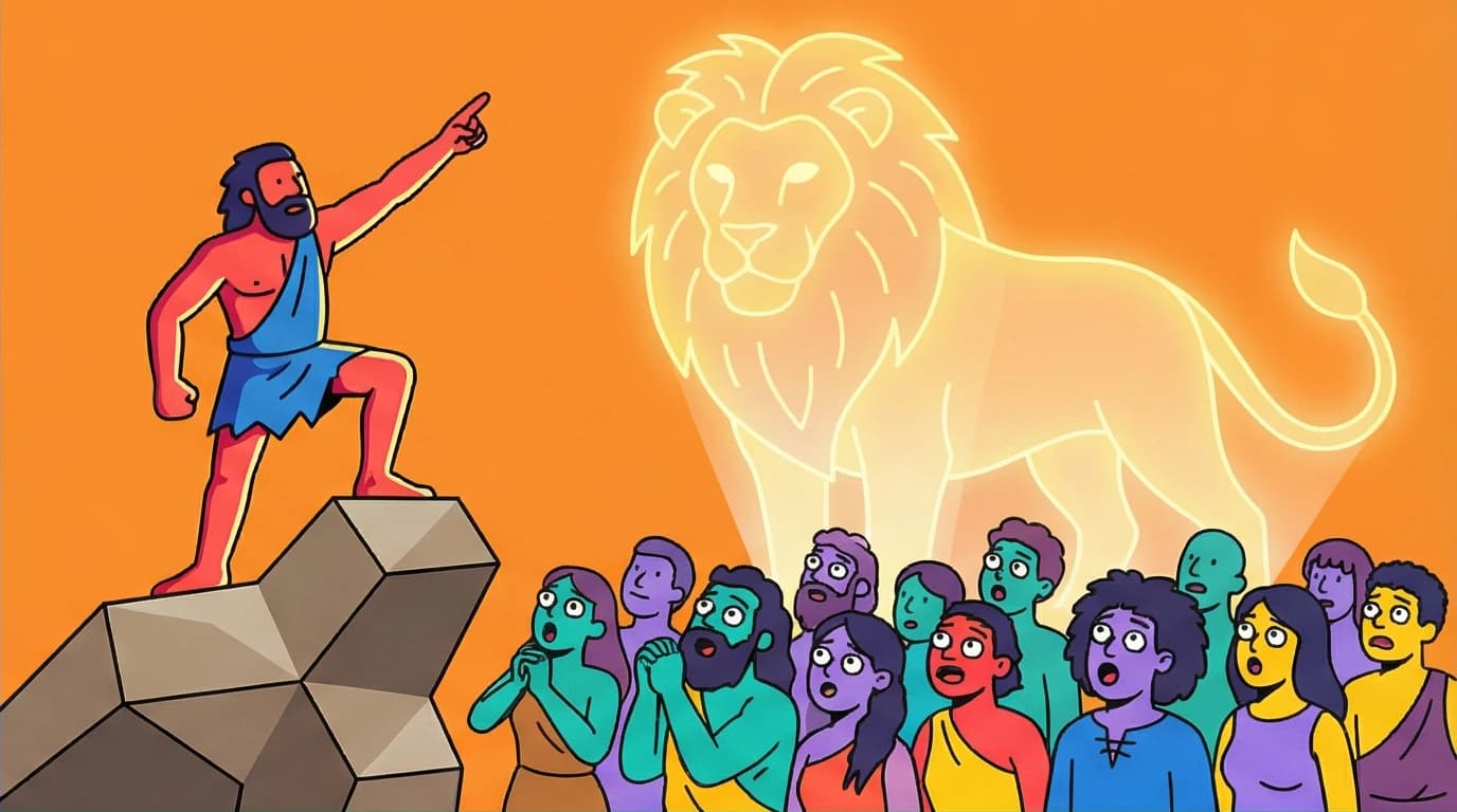 A Sapiens figure explains a shared myth to a tribe, visualizing the Cognitive Revolution that allowed large-scale human cooperation beyond 150 people.