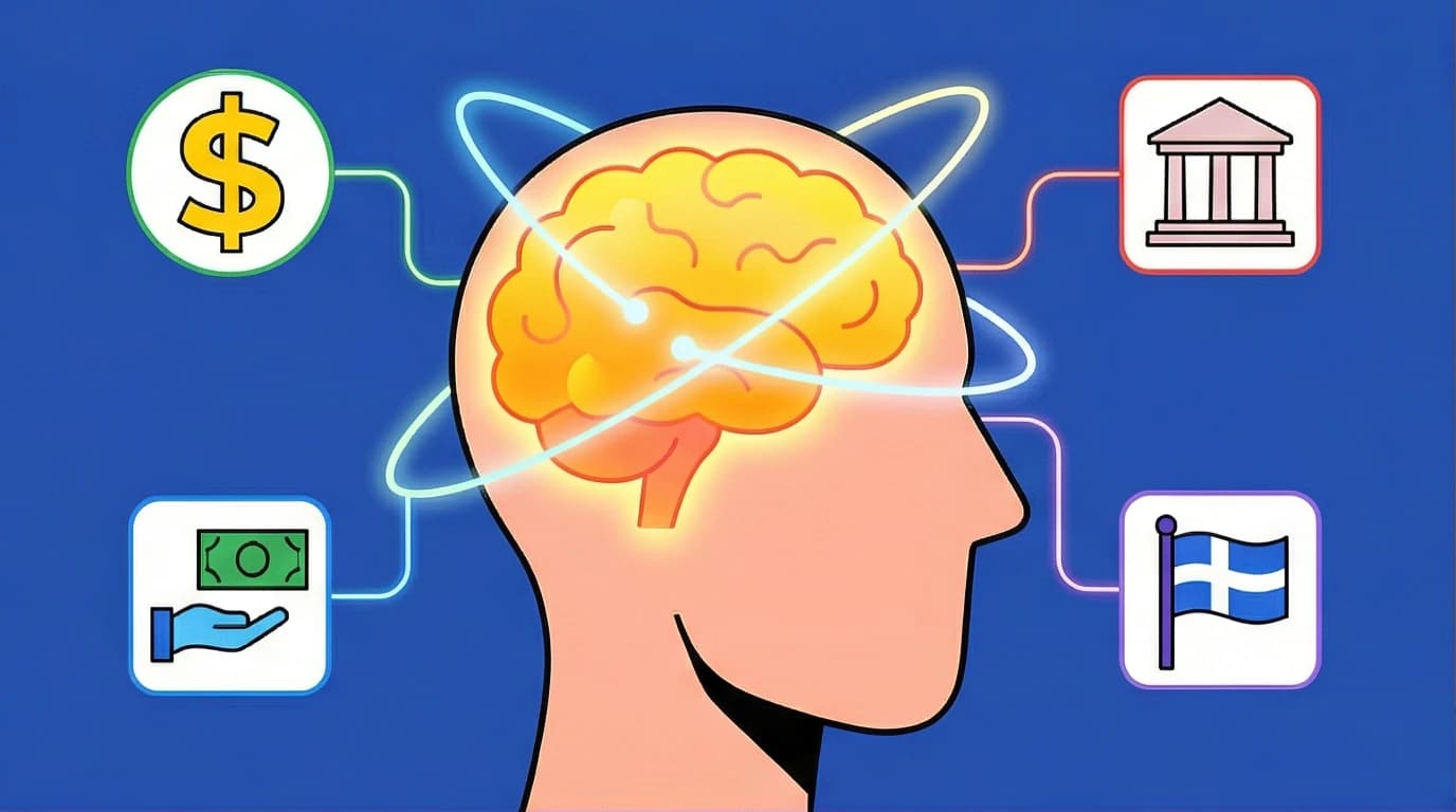 Illustration in Corporate Memphis style of a brain creating Sapiens imagined realities like money, nations, and laws, based on Yuval Noah Harari's theory.