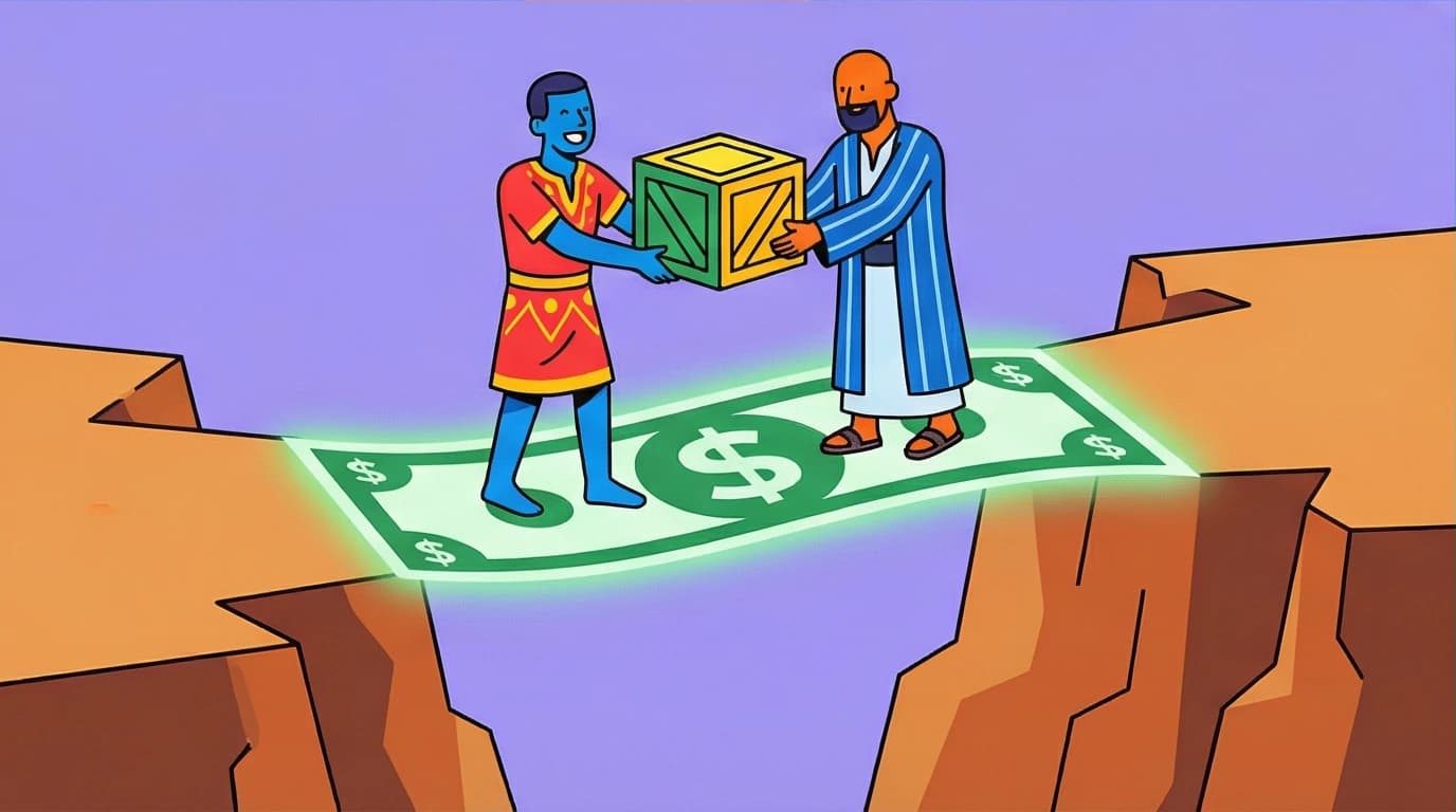 An illustration showing money as an imagined reality, a giant dollar bill bridging a gap between strangers to allow for trade, a concept from Sapiens.