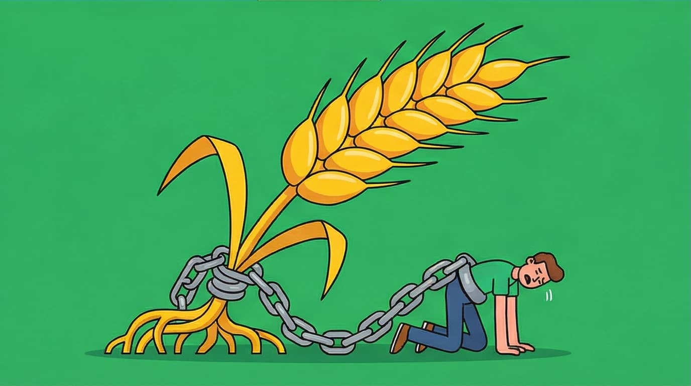 An illustration showing a giant stalk of wheat chaining a human, representing the Sapiens quote that wheat domesticated humanity in the Agricultural Revolution.