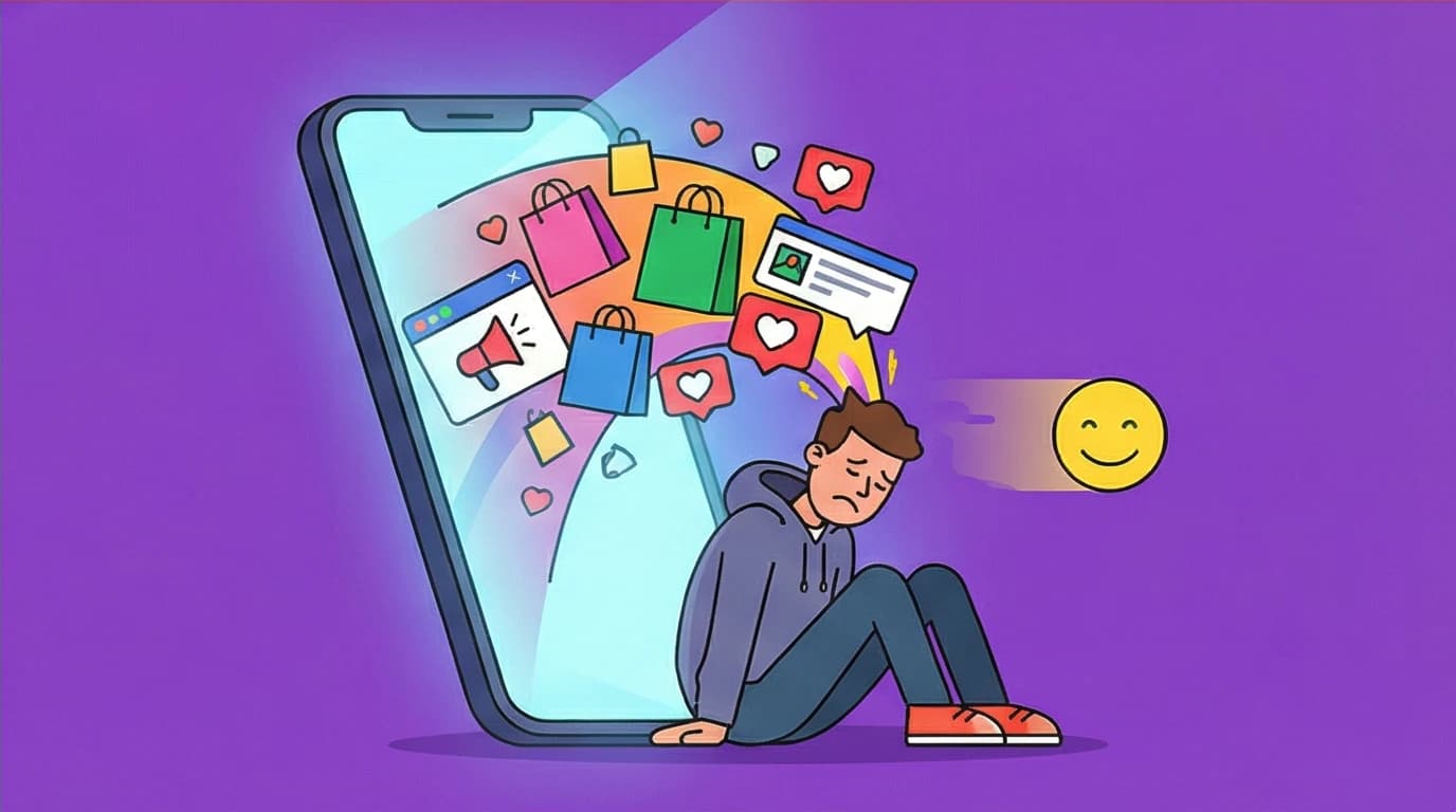 A person's happiness being drained by social media and advertising from a phone, illustrating a Sapiens quote on modern dissatisfaction and consumerism.