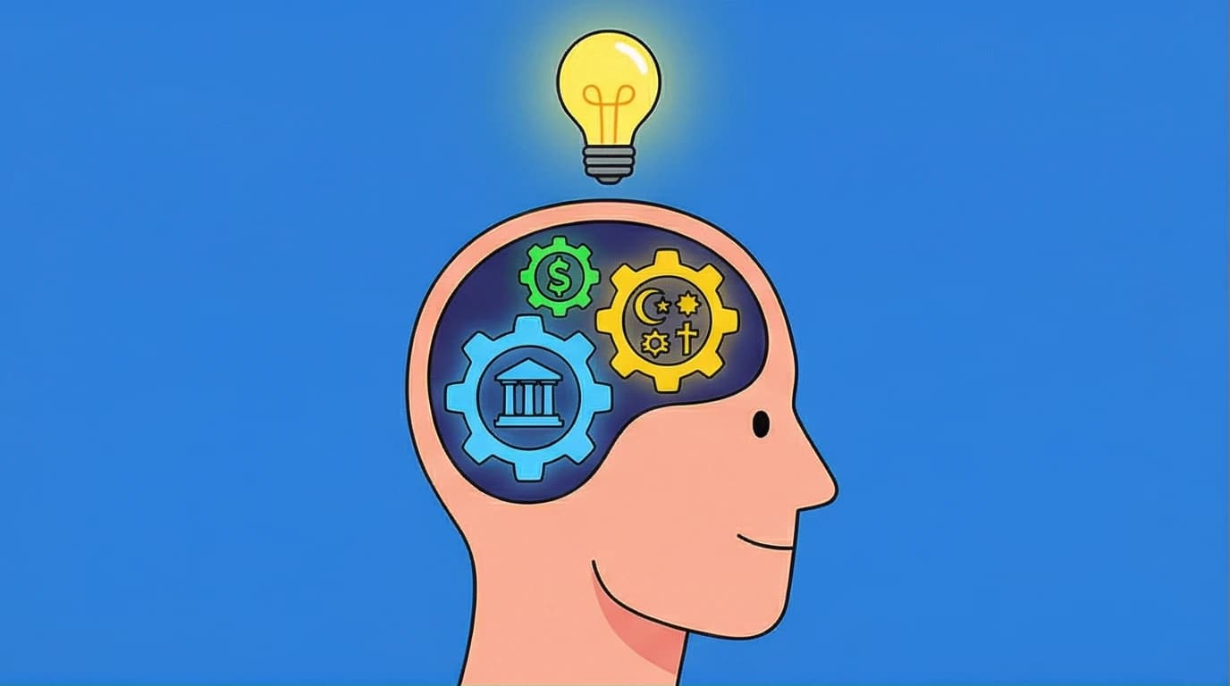 An illustration of a human head with icons of money, law, and religion as gears, representing the shared fictions from Sapiens by Yuval Noah Harari.