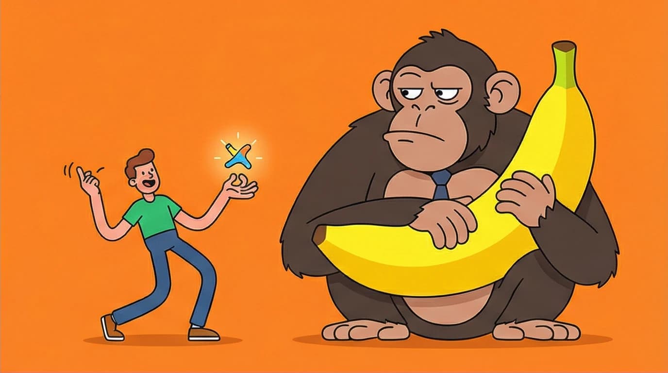 A humorous illustration of a human offering a mythical reward to a monkey, visualizing a famous Sapiens quote on the power of belief over reality.