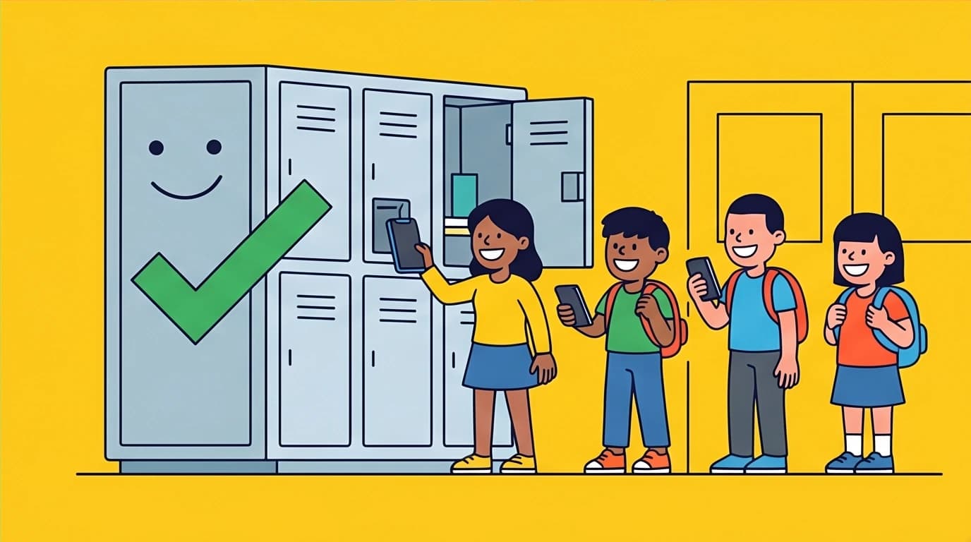 An illustration of a secure phone locker system at a school, showcasing a practical implementation strategy for a successful phone ban policy to ensure a distraction-free learning environment.