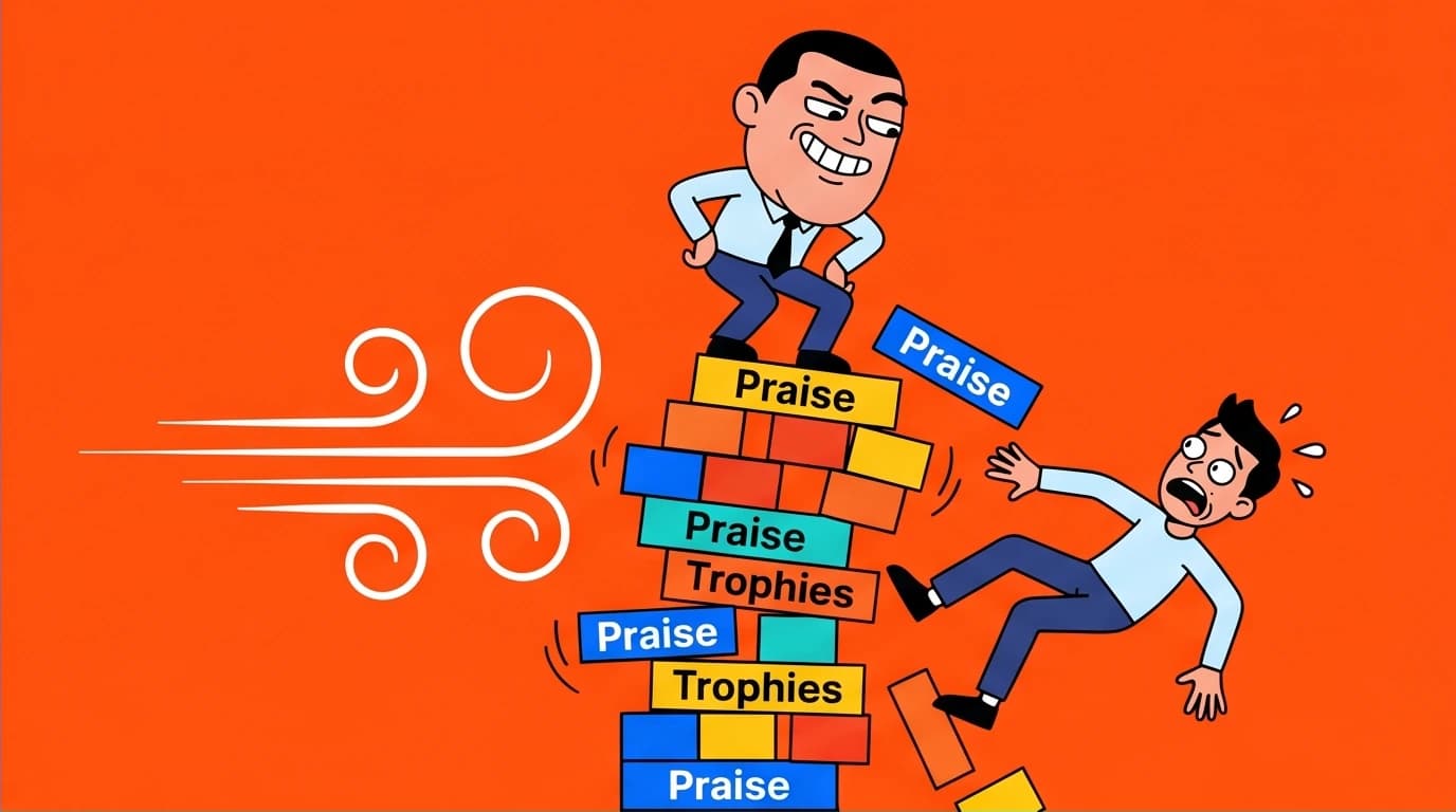 A character falling from a collapsing tower of trophies, visualizing the key disadvantage and fragility of conditional high self-esteem.