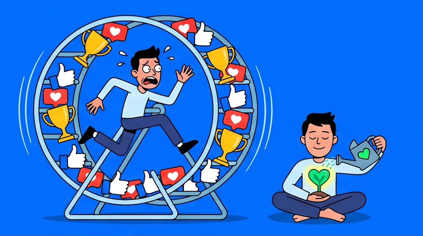 Illustration contrasting the anxiety of high self-esteem (a person on a treadmill of likes) with the peace of self-compassion (a person nurturing their inner self).