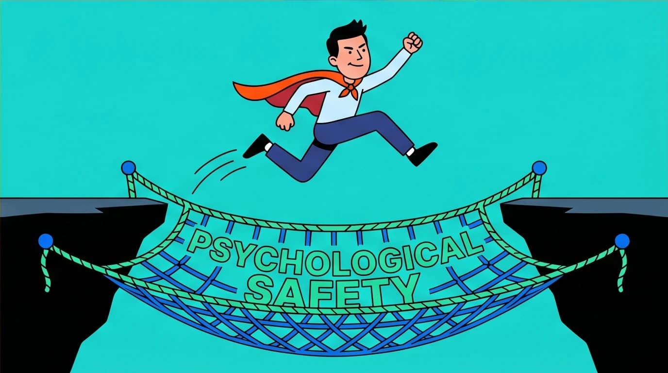 A person bravely leaping with a psychological safety net below, symbolizing how self-compassion helps build true psychological resilience.