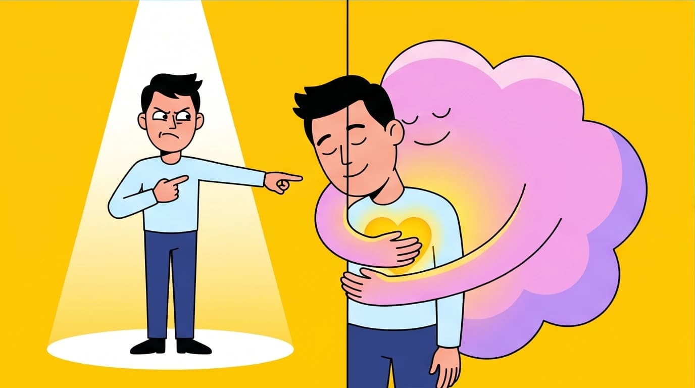 A split image showing the core difference between self-esteem (harsh self-judgment) and self-compassion (warm self-kindness and connection).