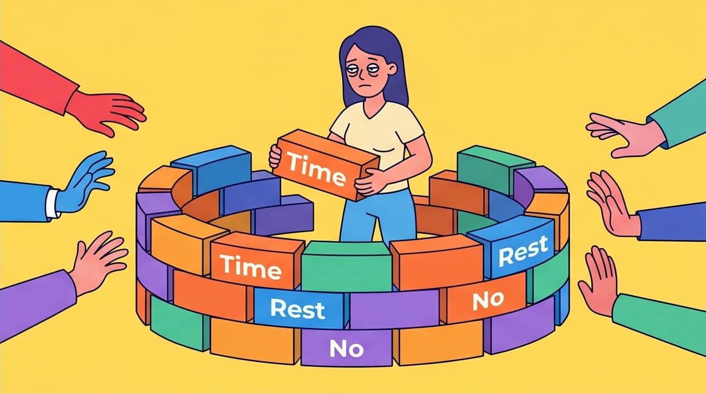An illustration of a mom building a protective wall, a metaphor for mom burnout recovery by setting firm boundaries around her time and energy.