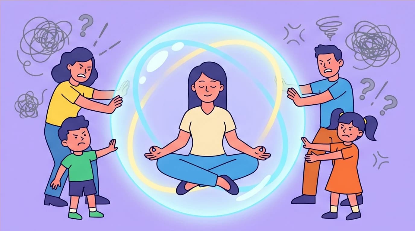 A mother stays calm in a bubble while her family reacts with discomfort, showing how overcoming maternal burnout requires consistency in holding boundaries.