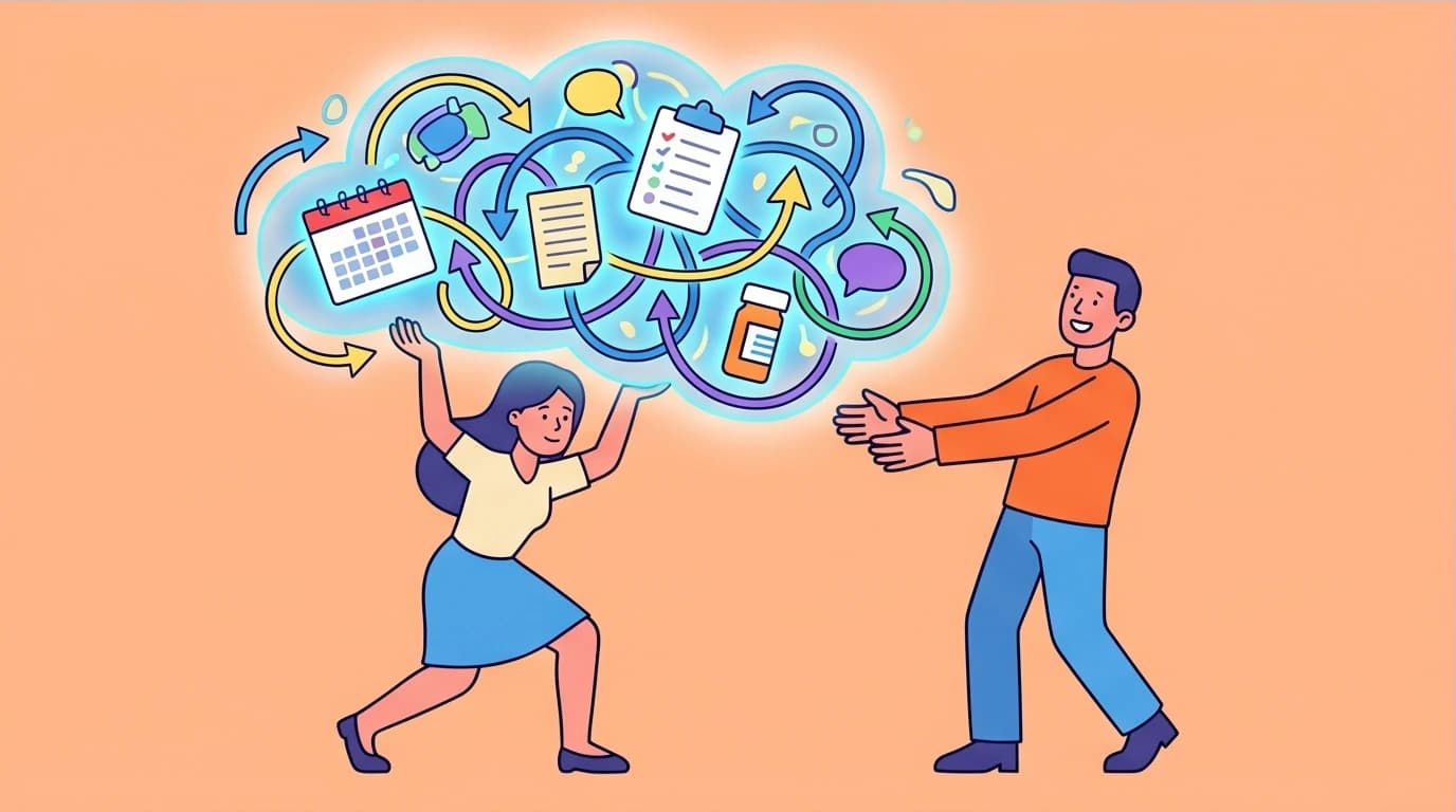 A mom hands the invisible mental load, represented as a cloud of tasks, to her partner, a key strategy in setting boundaries and sharing responsibility.