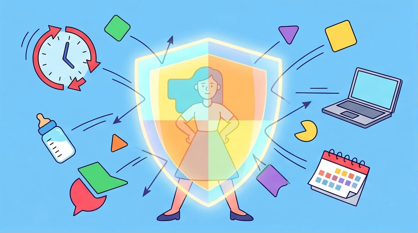 A mother uses a shield to protect her energy, illustrating the concept of setting boundaries as a mom to prevent burnout and protect her mental health.