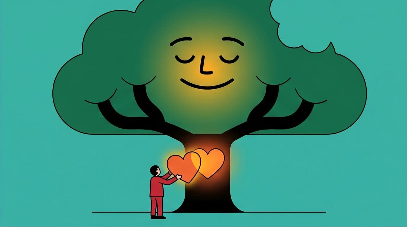 A visual summary of The Giving Tree by Shel Silverstein, depicting a large, generous tree giving its heart to a small boy to illustrate unconditional love.